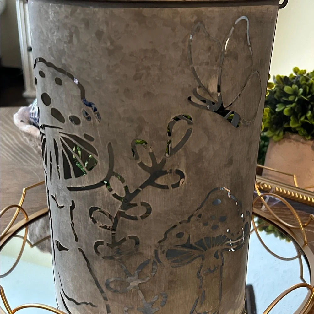 NEW! LARGE Cottage Garden Mushroom & Butterfly Rustic Galvanized Metal Lantern